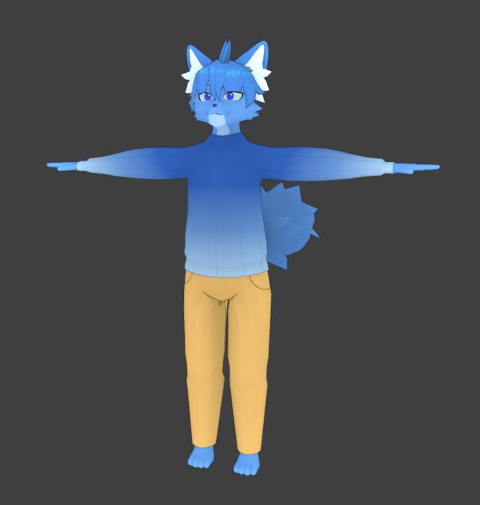 Blue anthro cat wearing a light blue to darker blue gradient shirt and khaki pants.